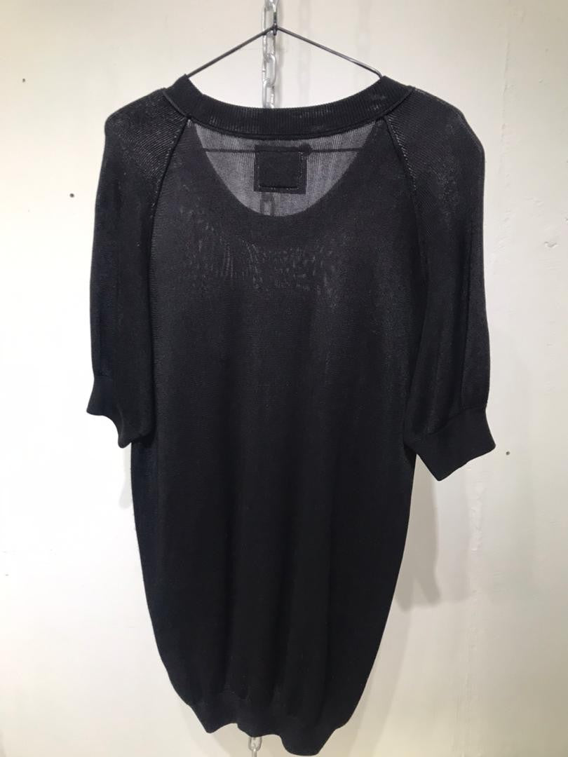 SPIRAL STORE black knit short-sleeve sweater with scoop neck and subtle branding tag.