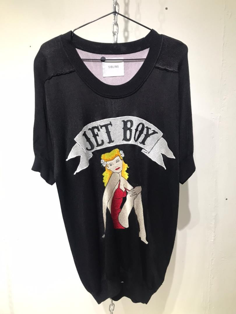 SPIRAL STORE black knit top with short sleeves, "JET BOY" graphic, and pin-up girl illustration.