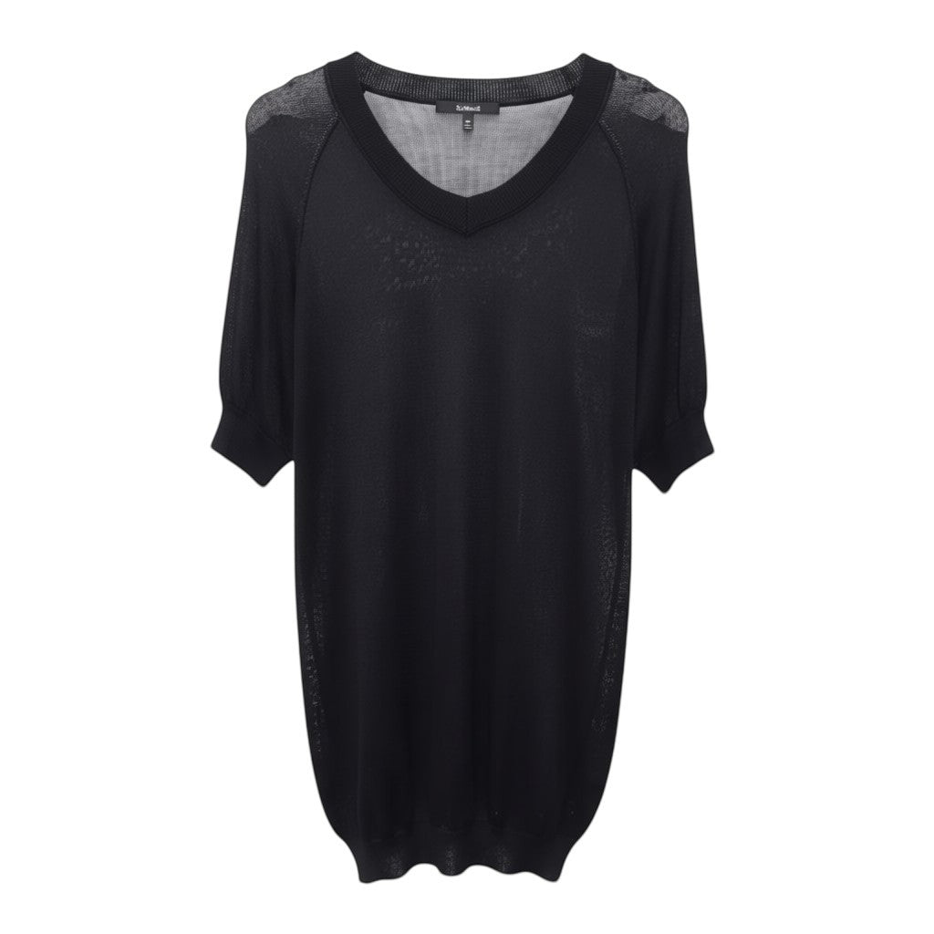 SPIRAL STORE black knit tunic sweater with short sleeves and a V-neck, featuring a "Jet Boy" graphic.