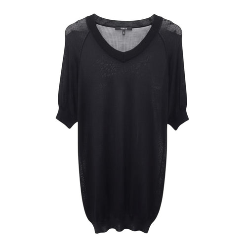 SPIRAL STORE black knit tunic sweater with short sleeves and a V-neck, featuring a "Jet Boy" graphic.