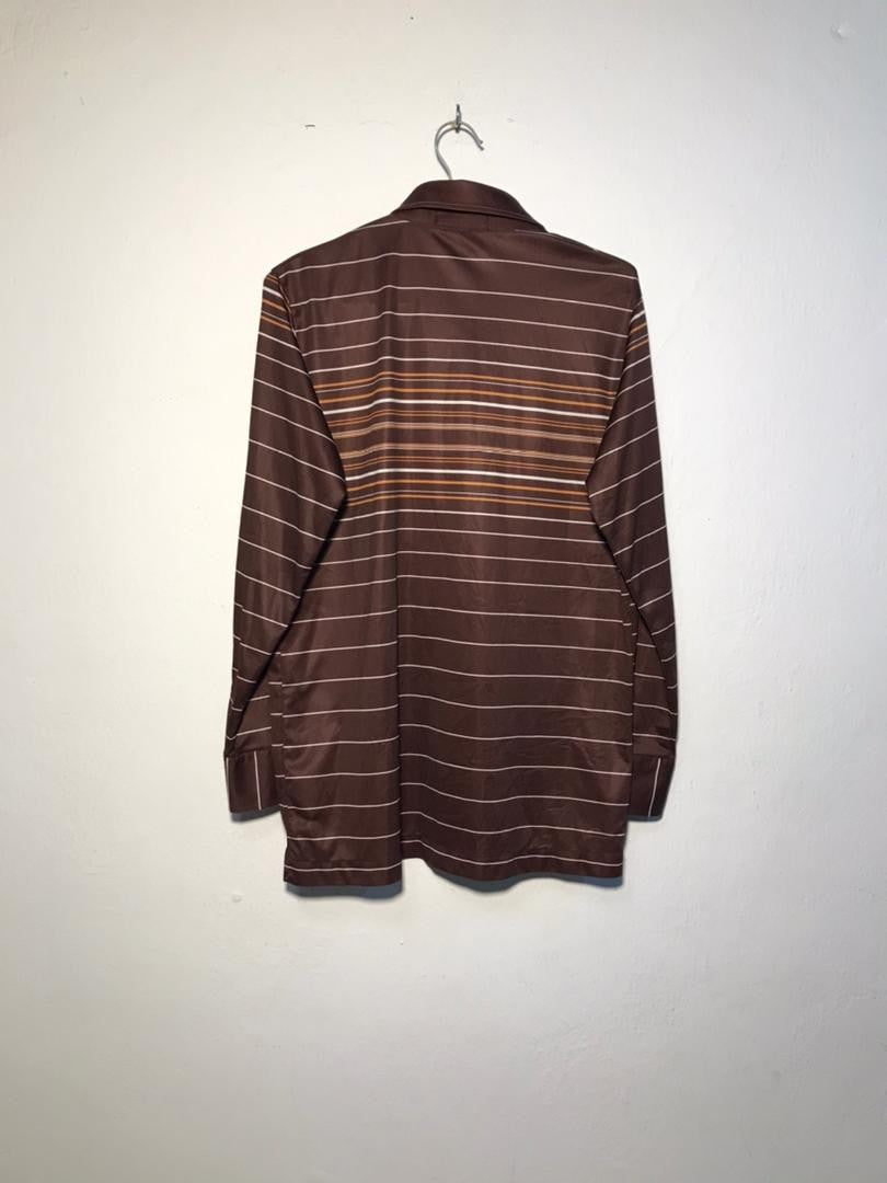 SPIRAL STORE brown long sleeve polo shirt with white and orange horizontal stripes