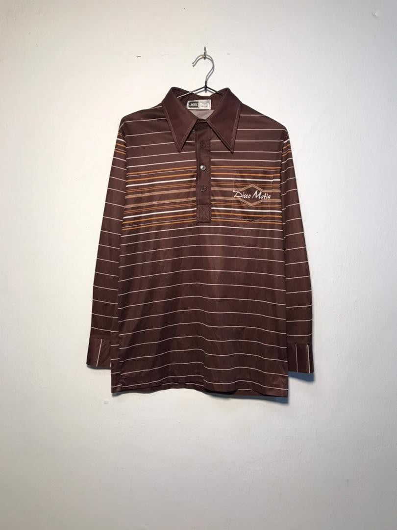 SPIRAL STORE brown long sleeve polo shirt with white and orange horizontal stripes and