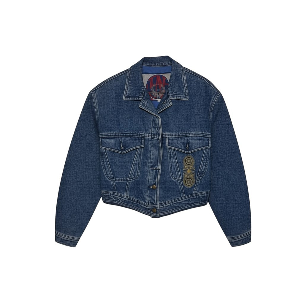 SPIRAL STORE blue denim trucker jacket with cropped fit, button front, chest pockets, and embroidered embellishments.