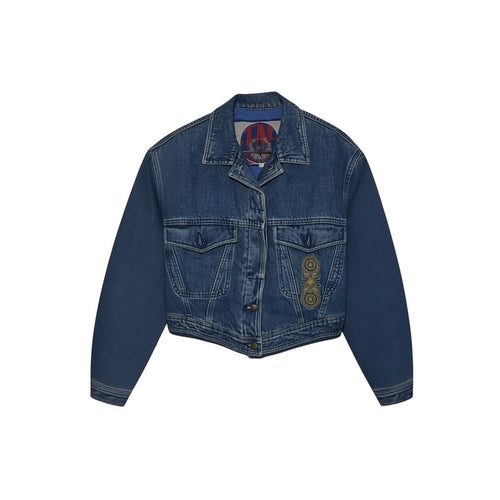 SPIRAL STORE blue denim trucker jacket with cropped fit, button front, chest pockets, and embroidered embellishments.