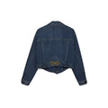 SPIRAL STORE mid-wash denim trucker jacket with cropped fit, button closures, and decorative embellishments on the back.