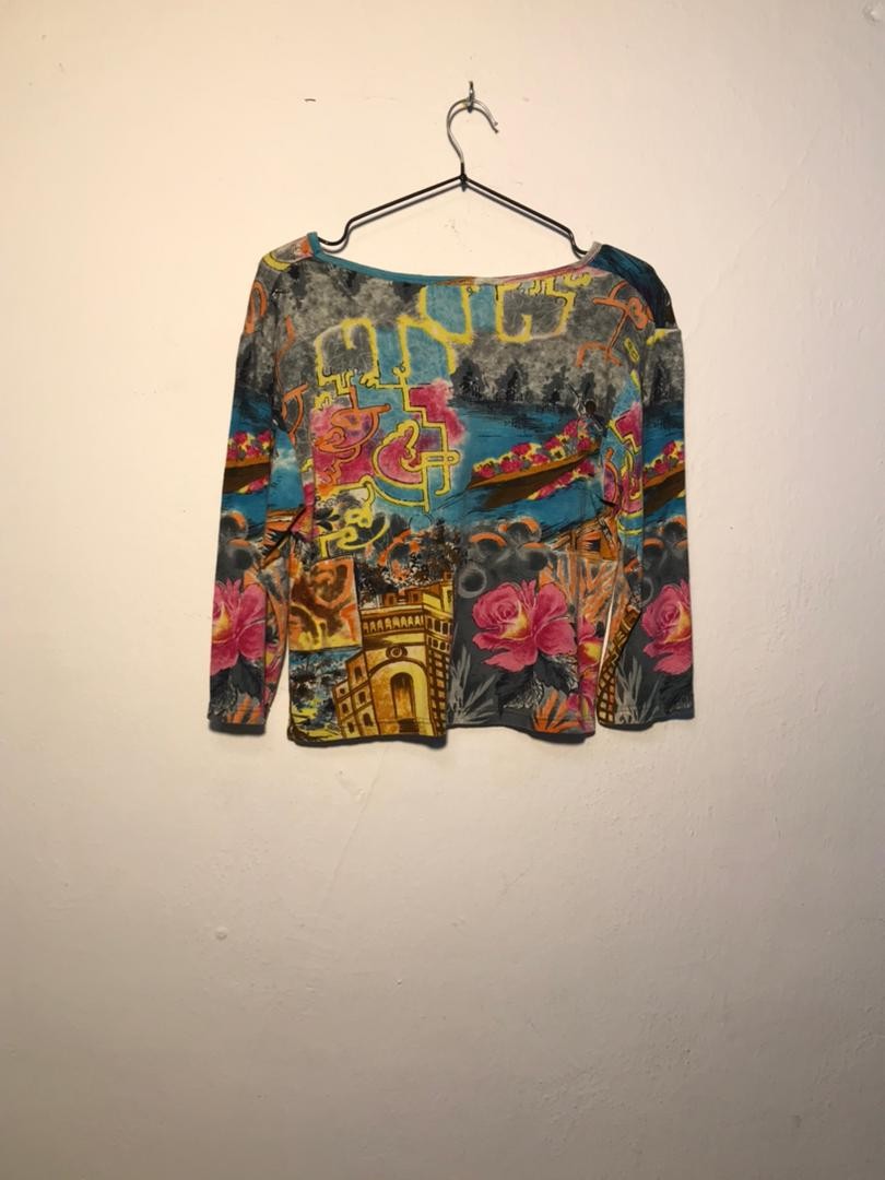 SPIRAL STORE long sleeve graphic print top with roses and architectural elements, crew neck, casual style.