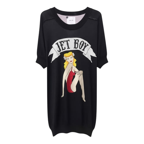 SPIRAL STORE black knit tunic sweater with short sleeves and a "Jet Boy" graphic of a pin-up girl.