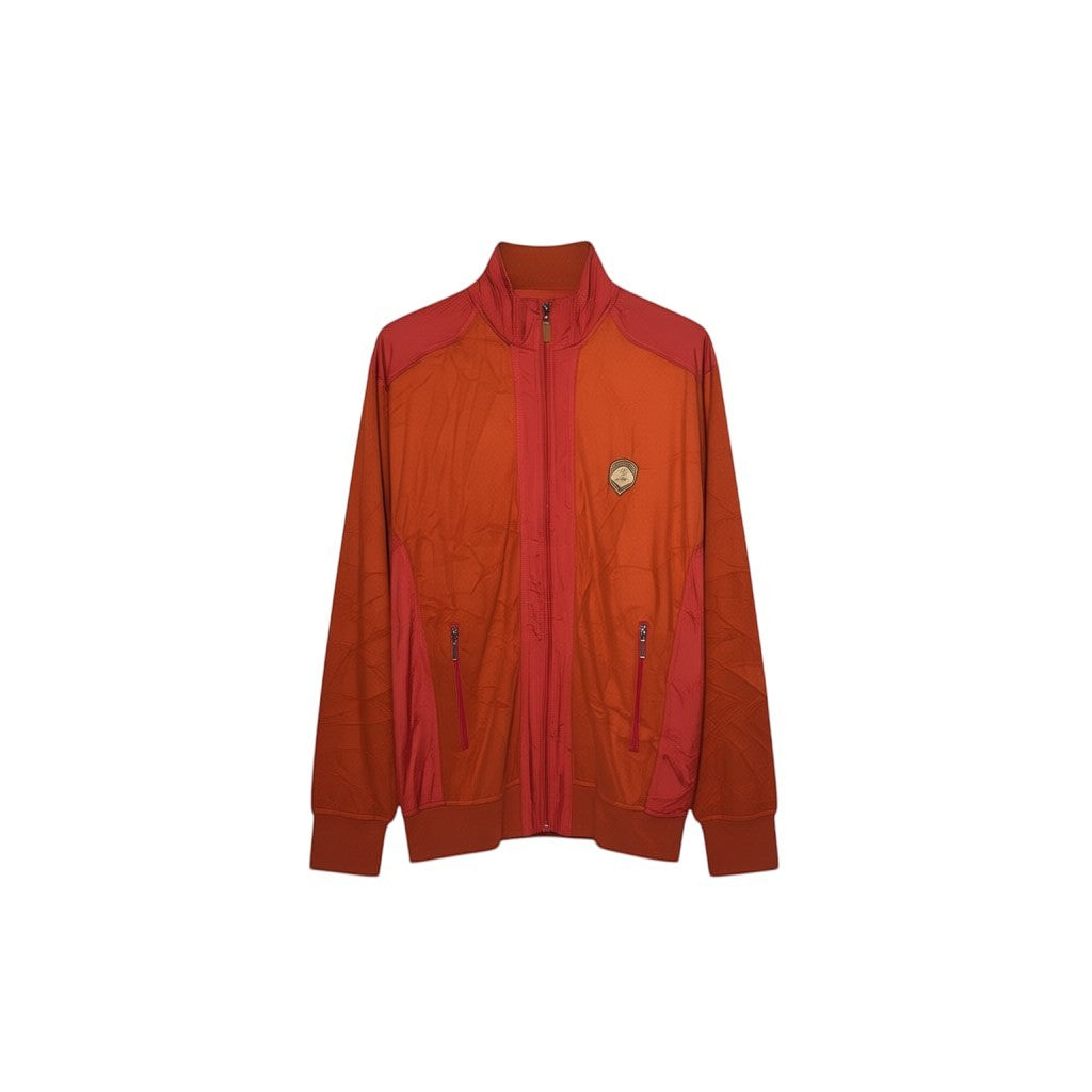 SPIRAL STORE men's burnt orange track jacket with red shoulder panels, full-zip, stand-up collar, and embroidered chest emblem.