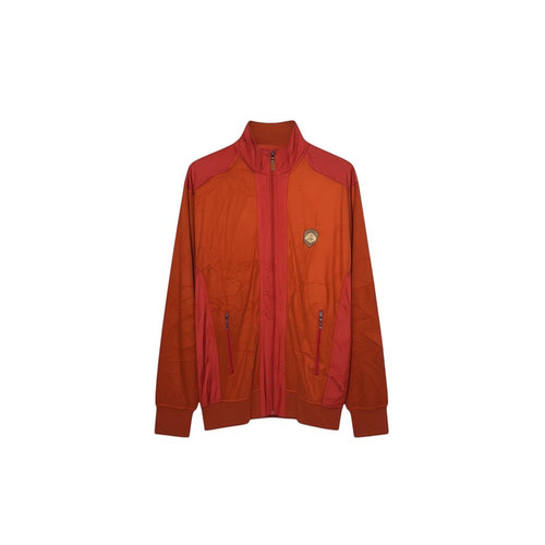 SPIRAL STORE men's burnt orange track jacket with red shoulder panels, full-zip, stand-up collar, and embroidered chest emblem.