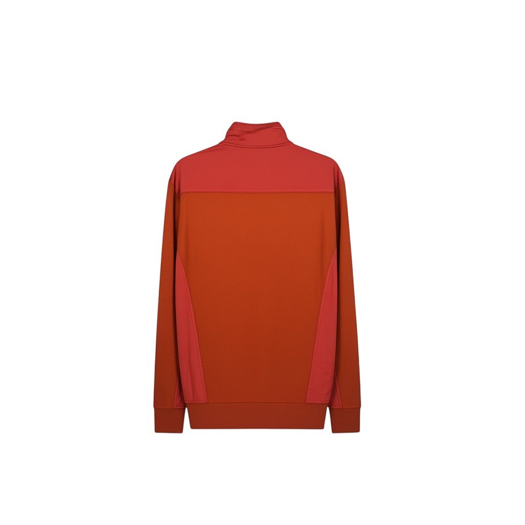 SPIRAL STORE men's burnt orange track jacket with red shoulder and side panels, stand-up collar, and ribbed hem.