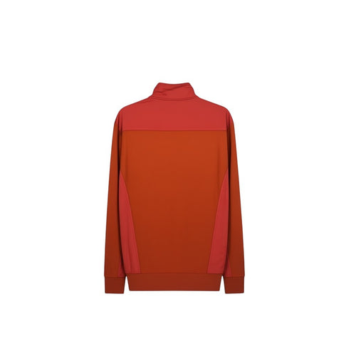 SPIRAL STORE men's burnt orange track jacket with red shoulder and side panels, stand-up collar, and ribbed hem.