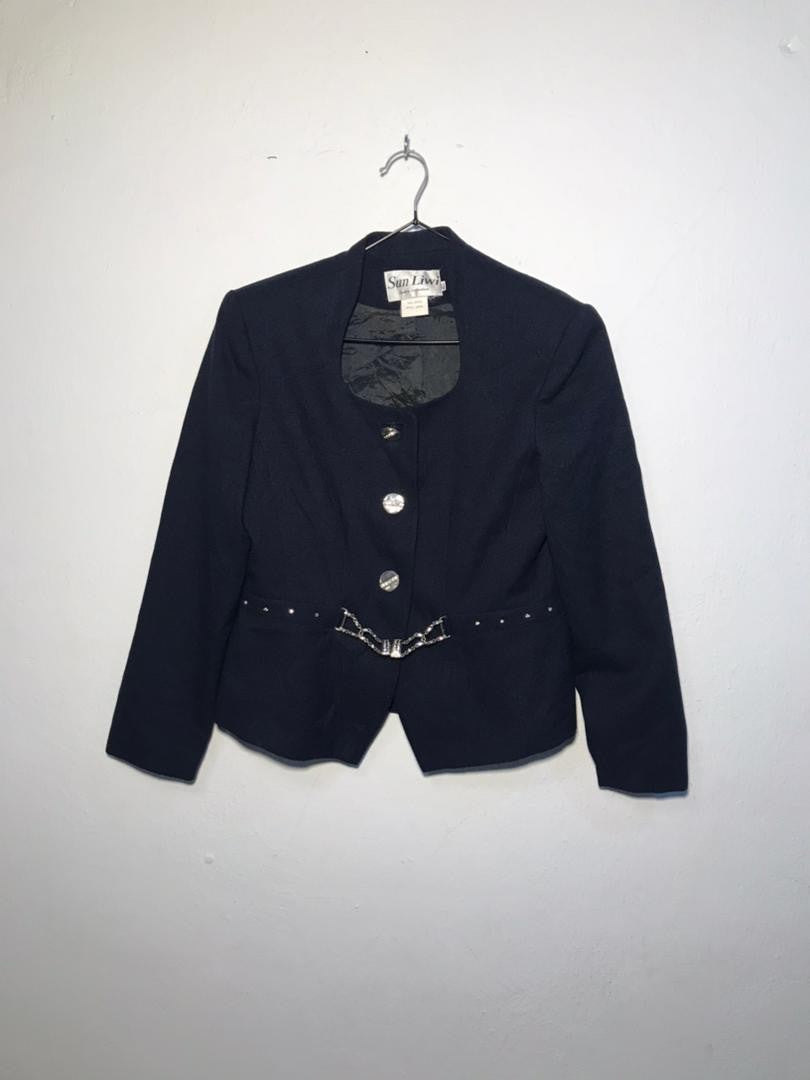 SPIRAL STORE navy blue blazer with silver button closure and decorative silver trim along the waist.