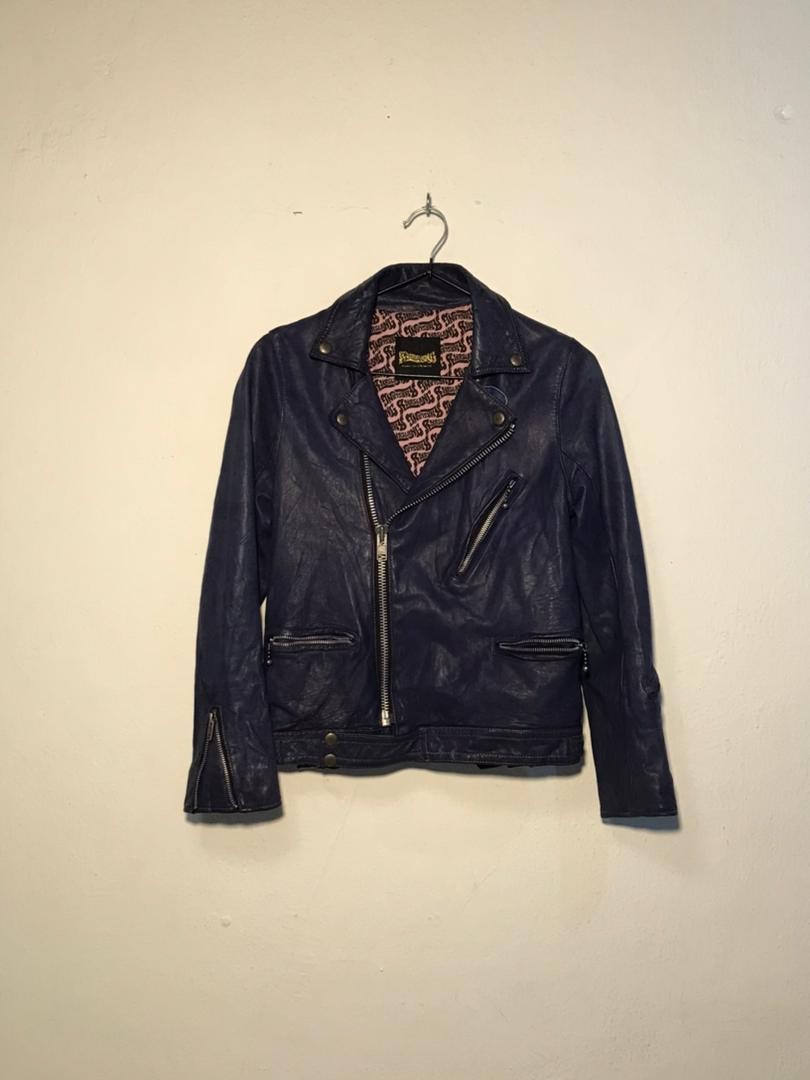 SPIRAL STORE navy blue leather biker jacket with zip details and patterned lining