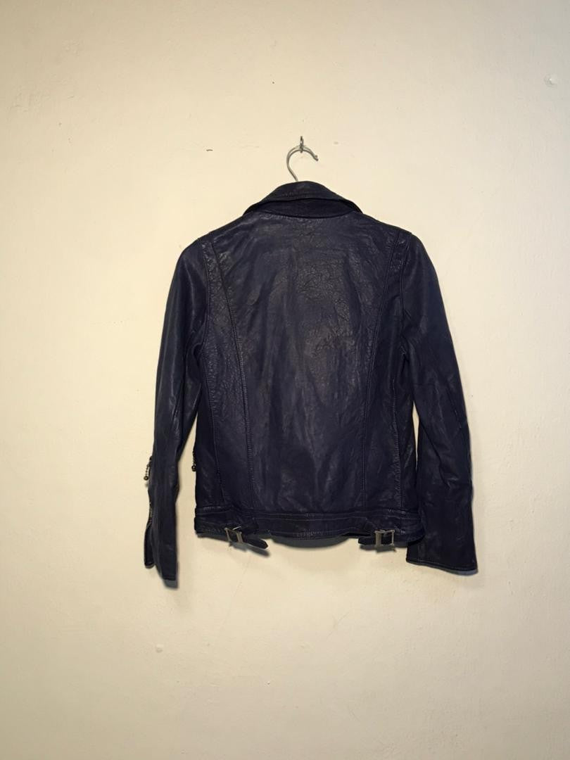 SPIRAL STORE navy blue leather moto jacket with buckle detail on hem and zip cuffs