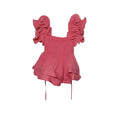 SPIRAL STORE pink pleated top with dramatic ruffled sleeves and square neckline. Textured fabric, adjustable waist ties.