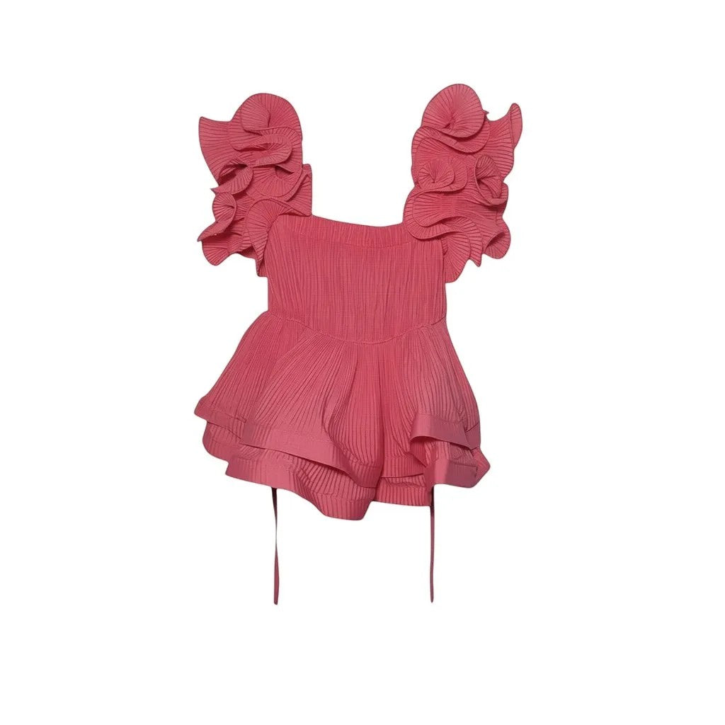 SPIRAL STORE pink pleated top with dramatic ruffled sleeves and square neckline. Textured fabric, adjustable waist ties.