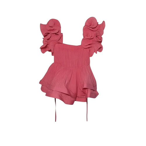 SPIRAL STORE pink pleated top with dramatic ruffled sleeves and square neckline. Textured fabric, adjustable waist ties.