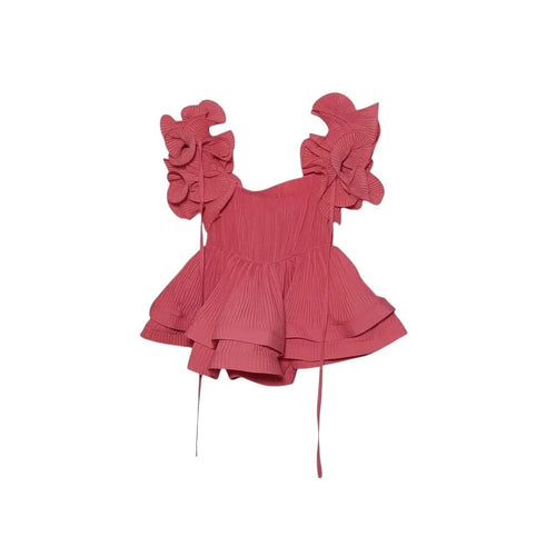 SPIRAL STORE pink pleated ruffle sleeve square neck top with adjustable waist ties.