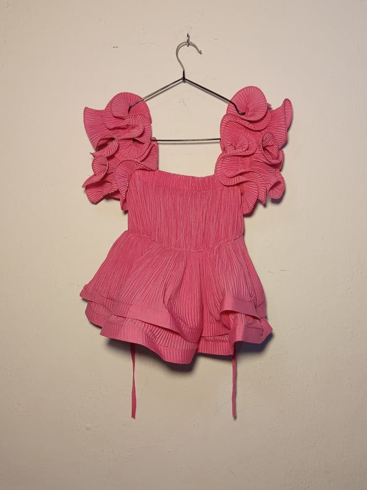 SPIRAL STORE pink ruffled sleeve square neck mini dress with tie detail