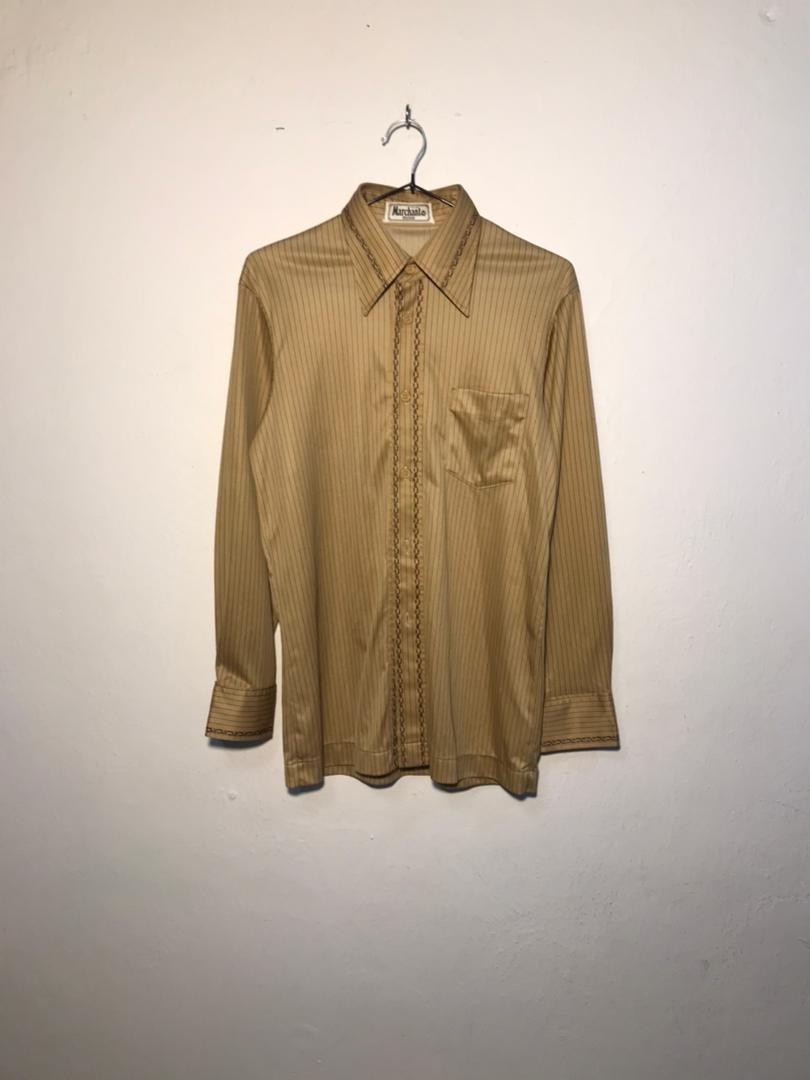 SPIRAL STORE tan pinstripe button-up shirt with decorative trim and chest pocket.