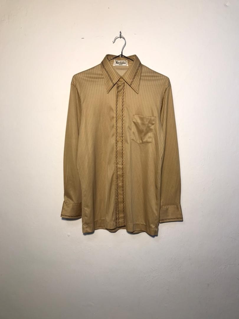 SPIRAL STORE tan pinstripe button-up shirt with embroidered trim on collar, placket, and cuffs. Single chest pocket.